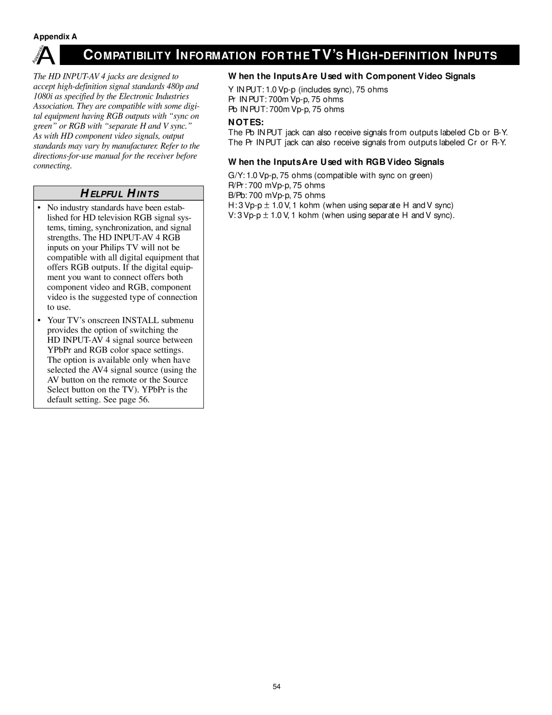 Philips 50PP 9202, 60PP9202, 43PP9202 manual When the Inputs Are Used with Component Video Signals 