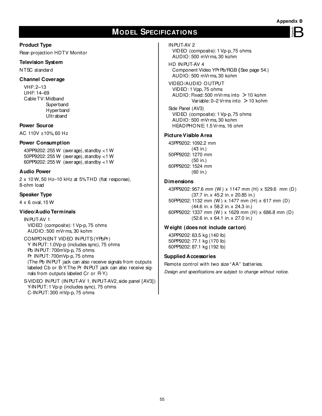 Philips 60PP9202, 50PP 9202, 43PP9202 manual Model Specifications, Power Consumption 