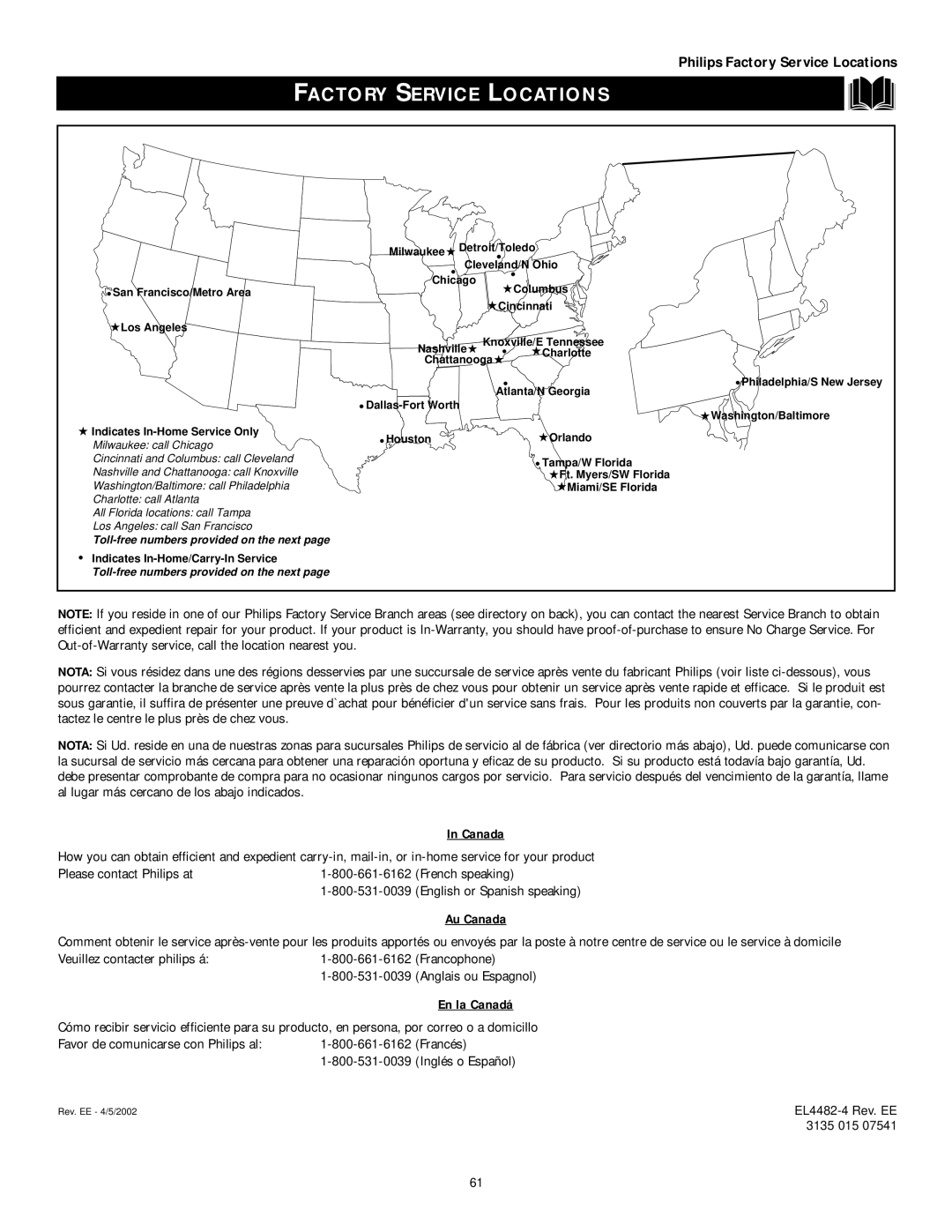 Philips 60PP9202, 50PP 9202, 43PP9202 manual Factory Service Locations, Washington/Baltimore call Philadelphia 