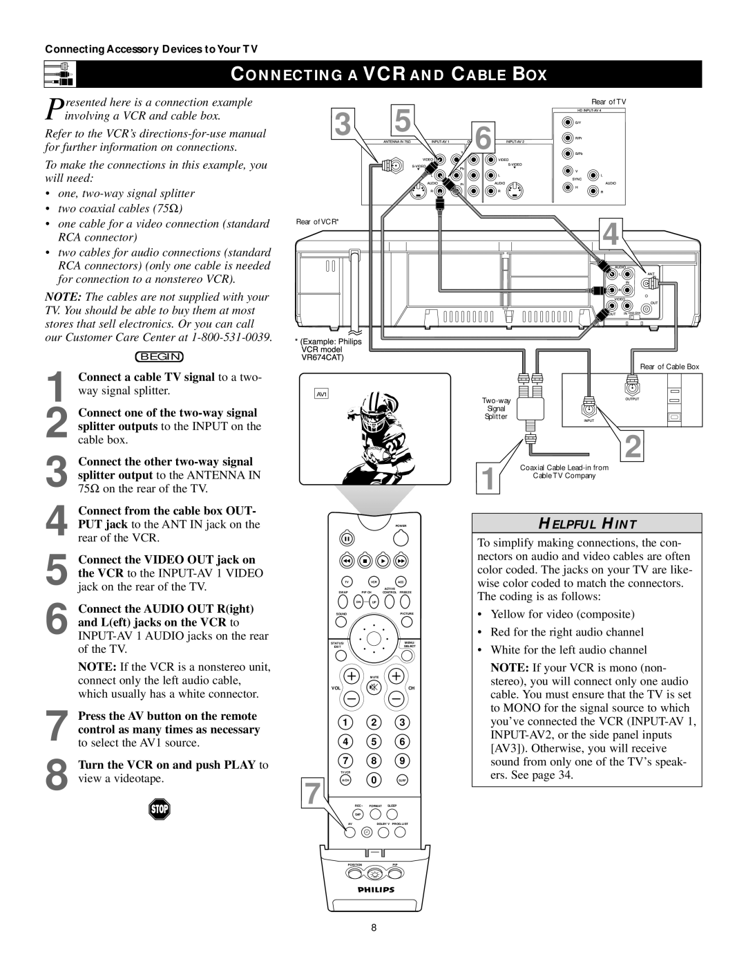 Philips 43PP9202, 50PP 9202, 60PP9202 manual Connecting a VCR and Cable BOX, INPUT-AV1 