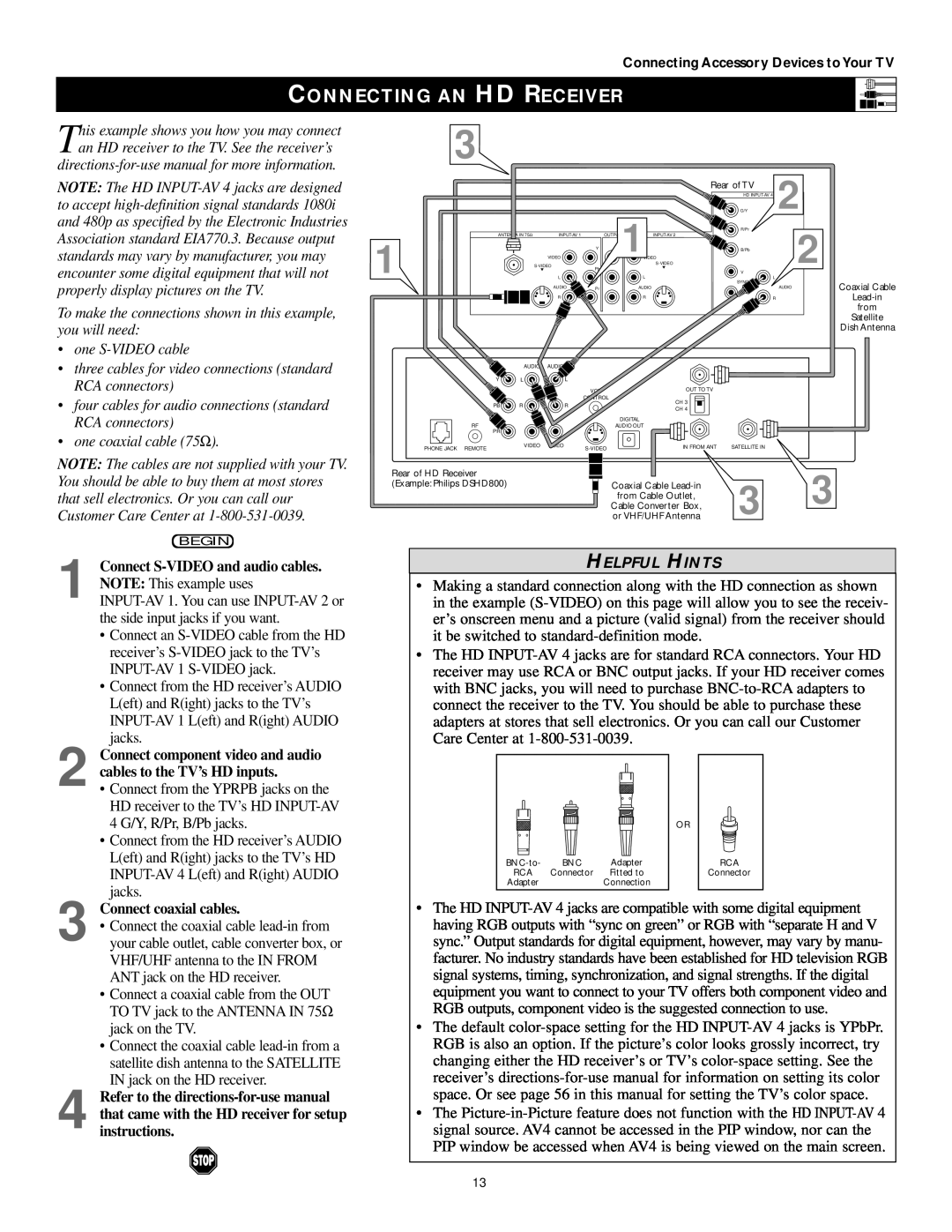 Philips 60PP9202 manual Connecting An Hd Receiver, Helpful Hints, Connect S-VIDEO and audio cables. NOTE This example uses 