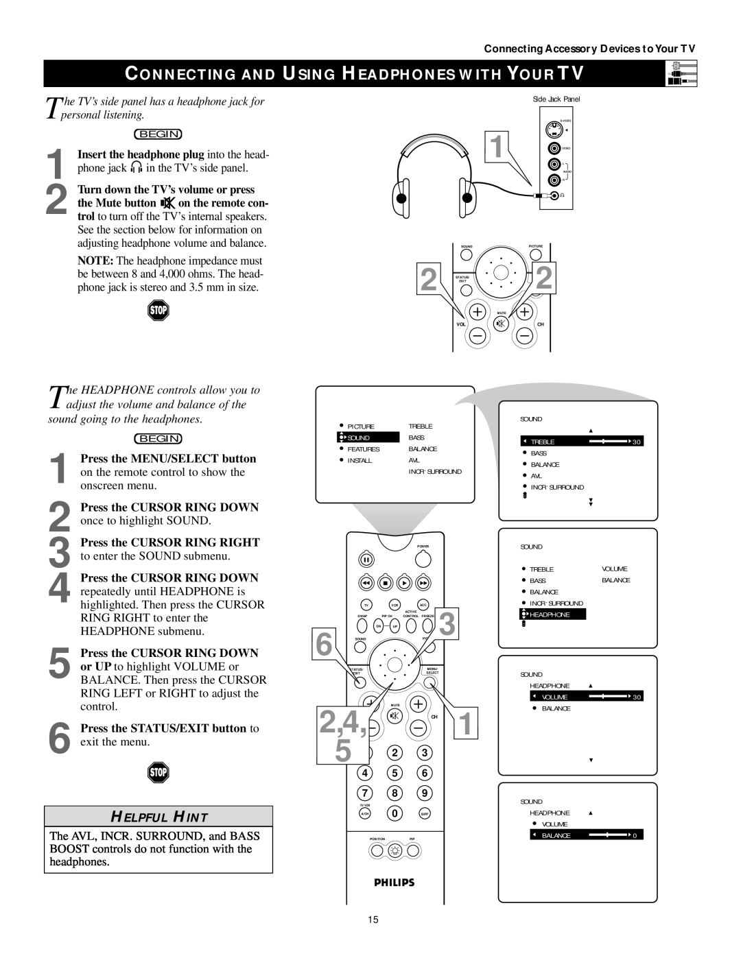 Philips 50PP 9202, 60PP9202, 43PP9202 manual Connecting And Using Headphones With Your Tv, Helpful Hint 
