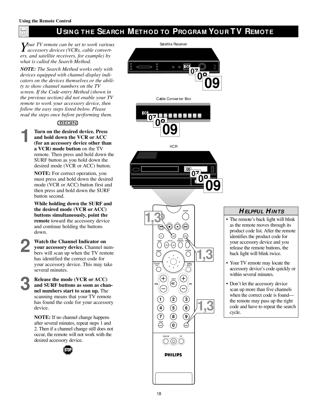 Philips 50PP 9202, 60PP9202, 43PP9202 manual 0809, Using The Search Method To Program Your Tv Remote, Helpful Hints 