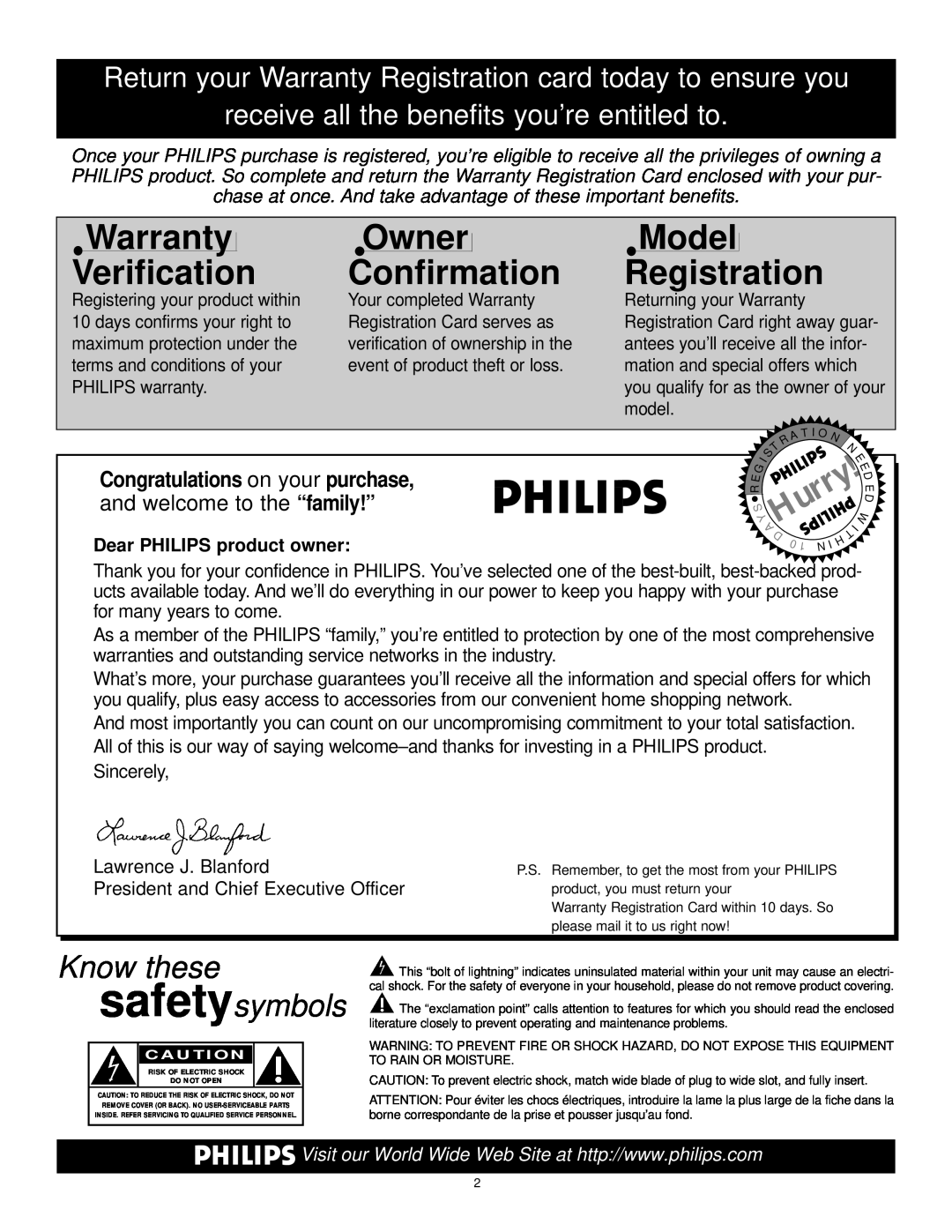 Philips 43PP9202, 50PP 9202 Warranty Verification, Owner Confirmation, Model Registration, Know these safetysymbols, Hurry 