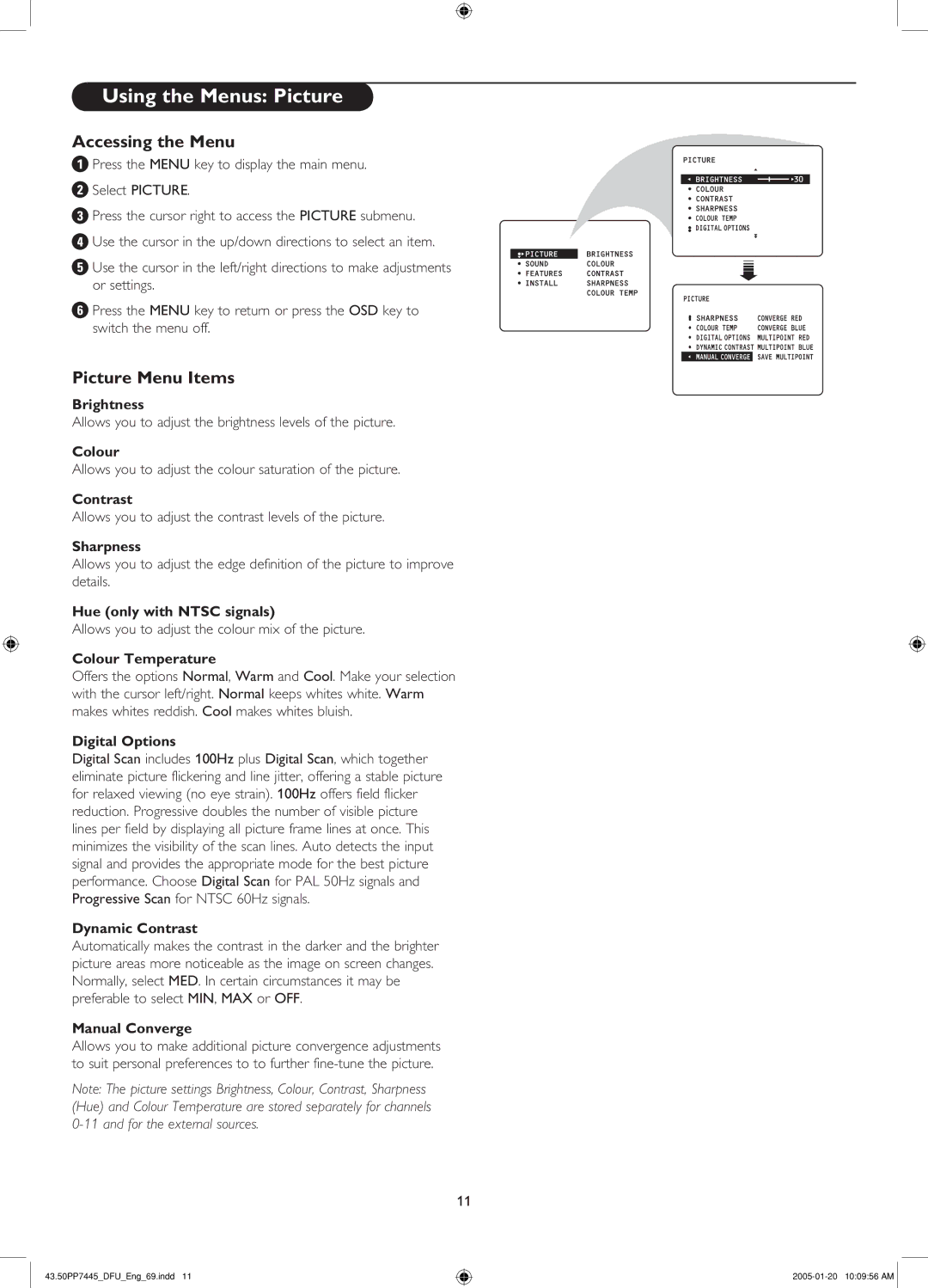 Philips 50PP7445/69 manual 5SINGITHEH-ENUS 0ICTURE, Ccessingstheh-Enu, 0ICTURET-ENU Tems 