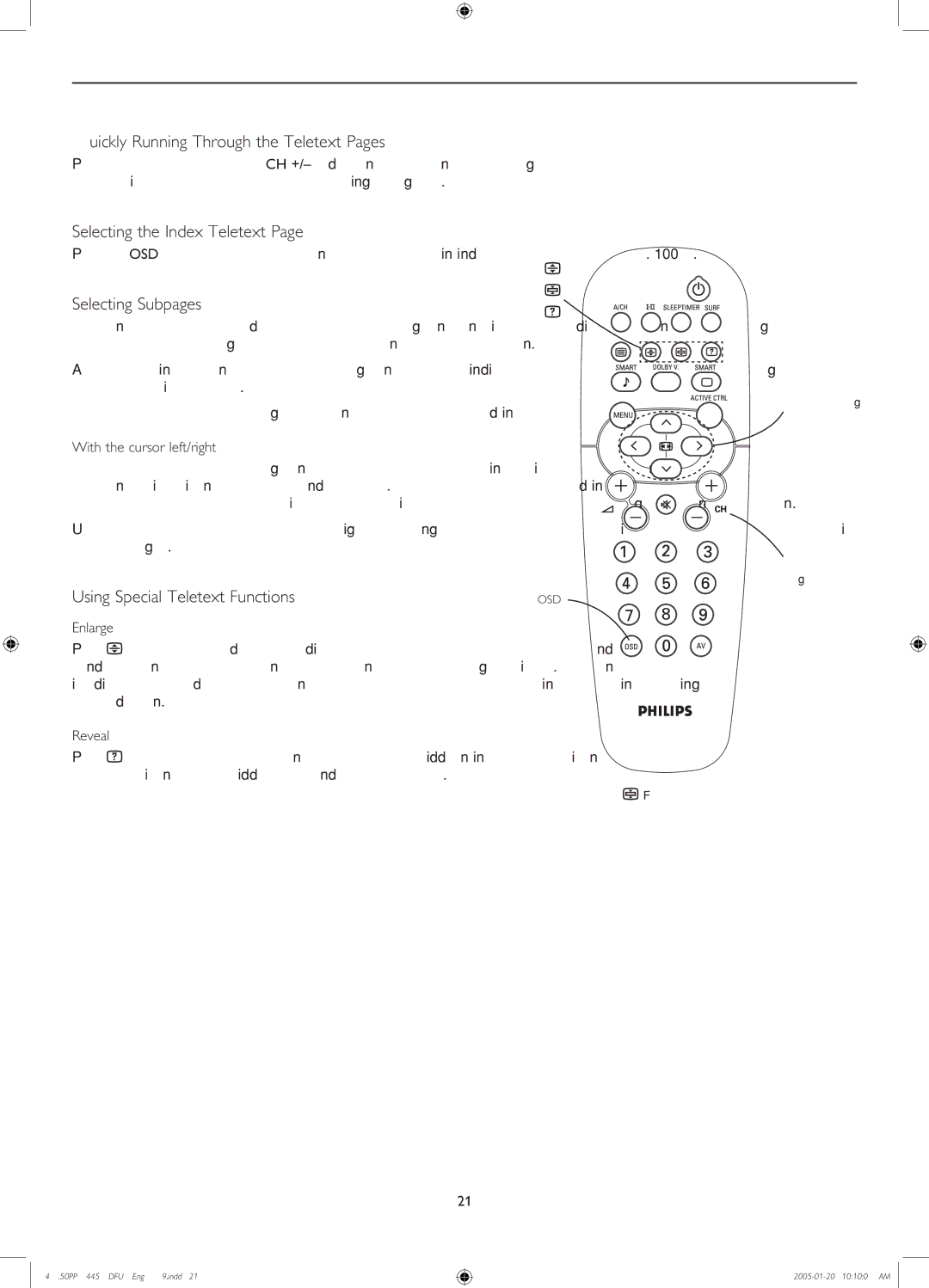 Philips 50PP7445/69 manual 3ELECTINGCTHEHNDEXD4ELETEXT 0AGE, 3ELECTINGC3UBPAGES, 5SINGI3PECIALC4ELETEXT &UNCTIONS 