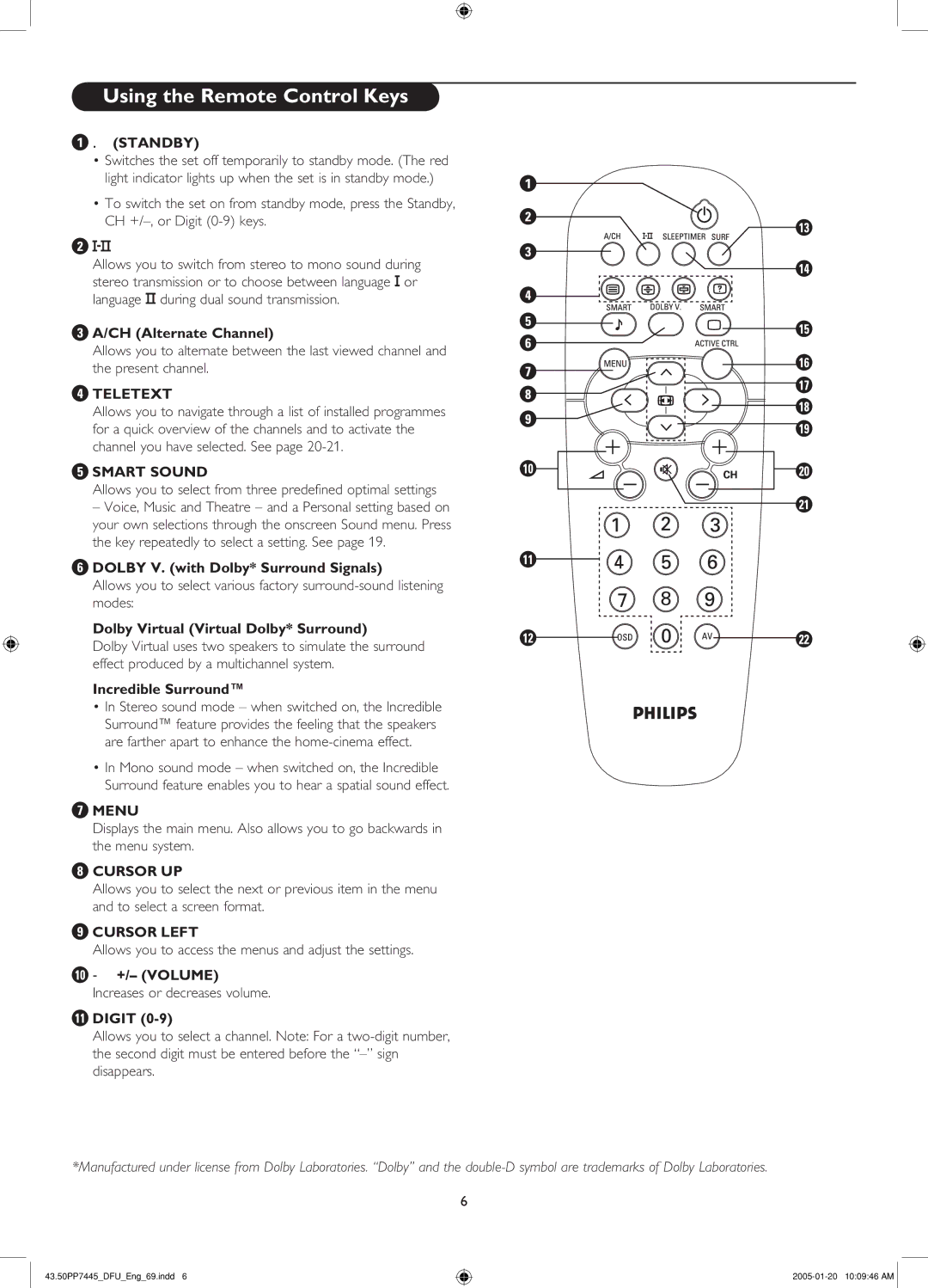 Philips 50PP7445/69 manual 5SINGITHEH2EMOTE #ONTROLT+EYS, #!Lternate #Hannel, $/,9 6 WITHI$OLBY 3URROUND 3IGNALS 