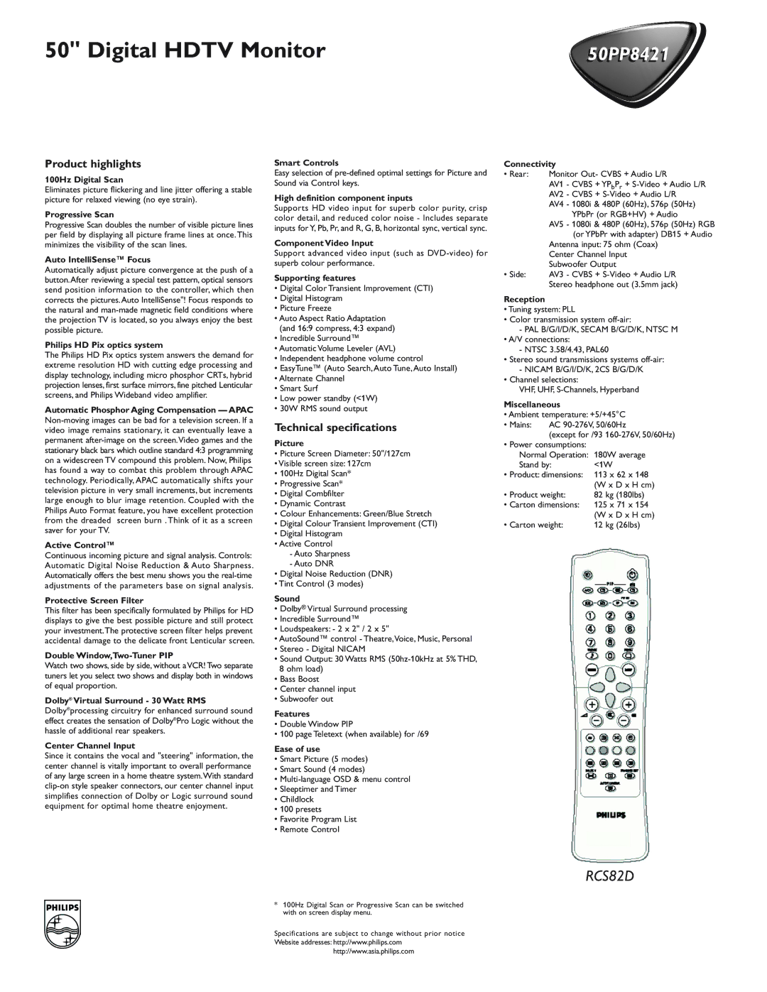 Philips 50PP8421 100Hz Digital Scan, Progressive Scan, Auto IntelliSense Focus, Philips HD Pix optics system, Picture 