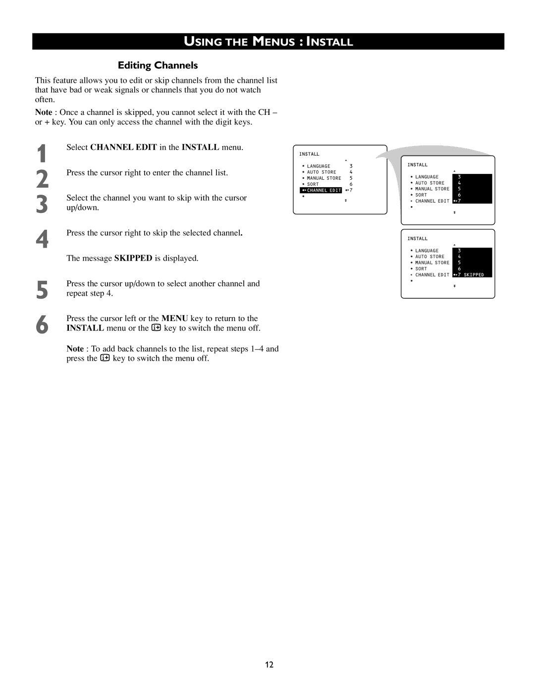 Philips 50PP8541, 43PP8541 manual Editing Channels, Select Channel Edit in the Install menu 