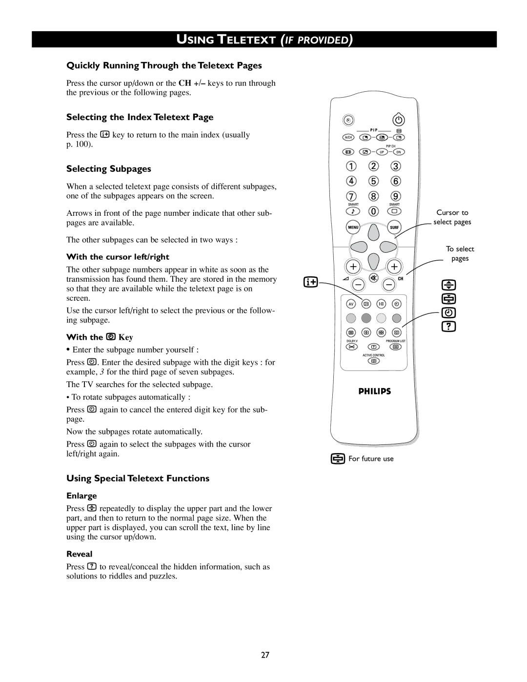 Philips 43PP8541, 50PP8541 Quickly Running Through the Teletext Pages, Selecting the Index Teletext, Selecting Subpages 