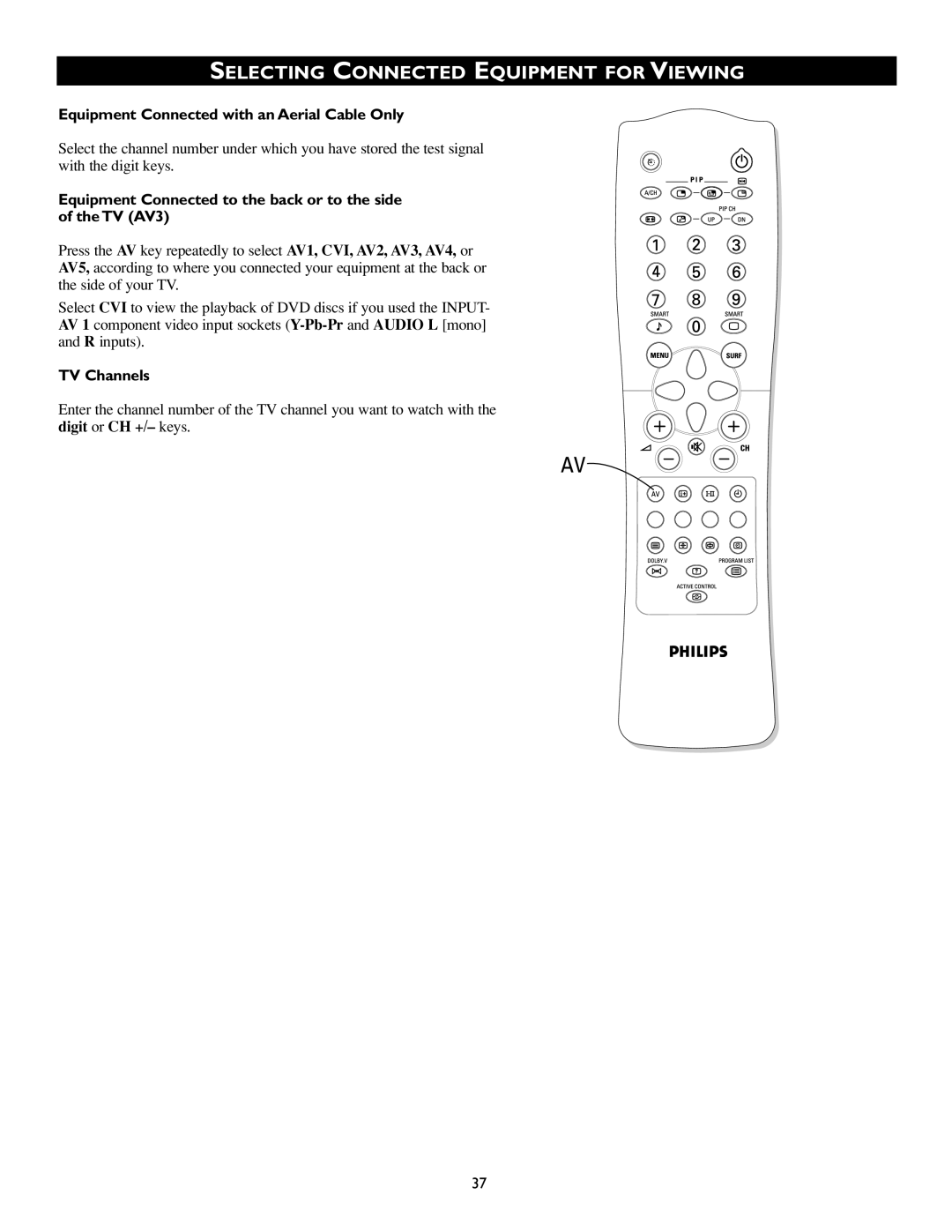 Philips 43PP8541 Selecting Connected Equipment for Viewing, Equipment Connected with an Aerial Cable Only, TV Channels 