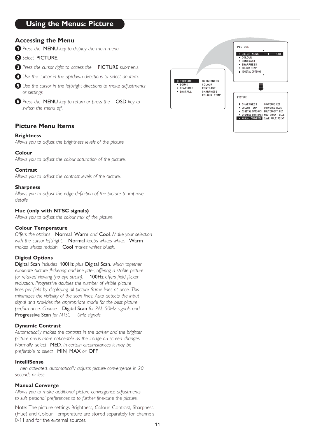 Philips 43PP8545, 50PP8545 user manual Using the Menus Picture, Accessing the Menu, Picture Menu Items 