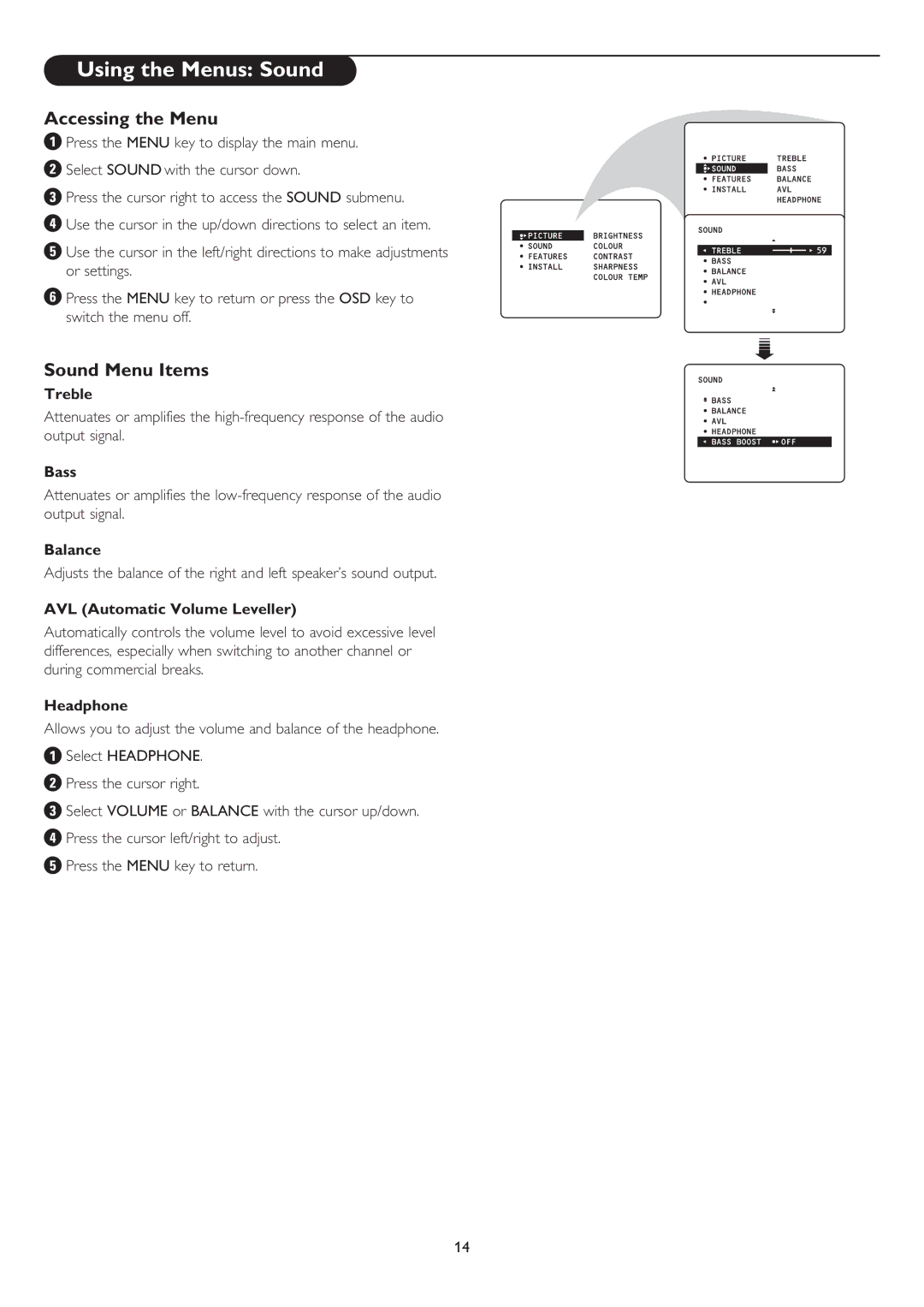 Philips 50PP8545, 43PP8545 user manual Using the Menus Sound, Sound Menu Items 