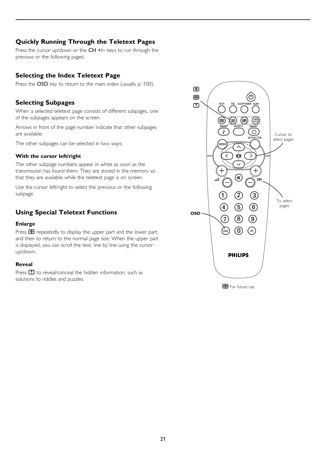 Philips 43PP8545, 50PP8545 Quickly Running Through the Teletext Pages, Selecting the Index Teletext, Selecting Subpages 