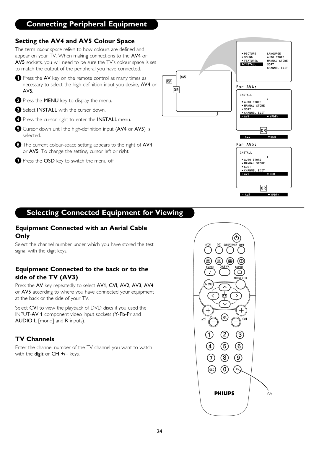 Philips 50PP8545, 43PP8545 Selecting Connected Equipment for Viewing, Setting the AV4 and AV5 Colour Space, TV Channels 