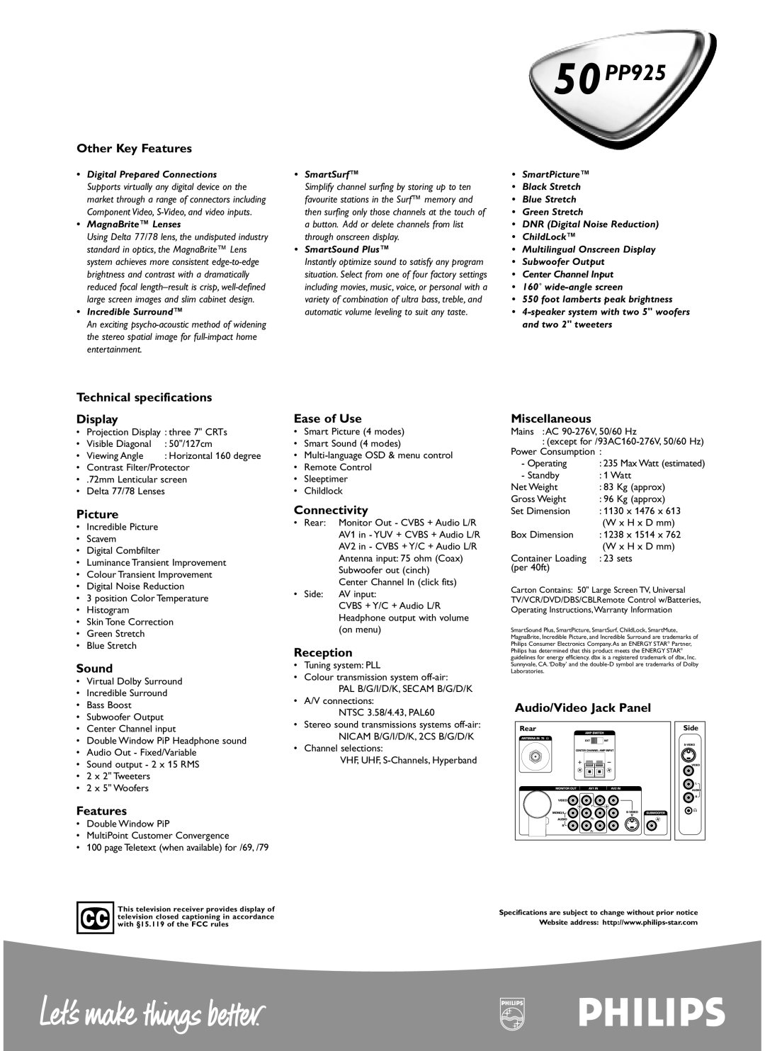 Philips 50PP925 Other Key Features, Technical specifications Display, Picture, Sound, Ease of Use, Connectivity, Reception 