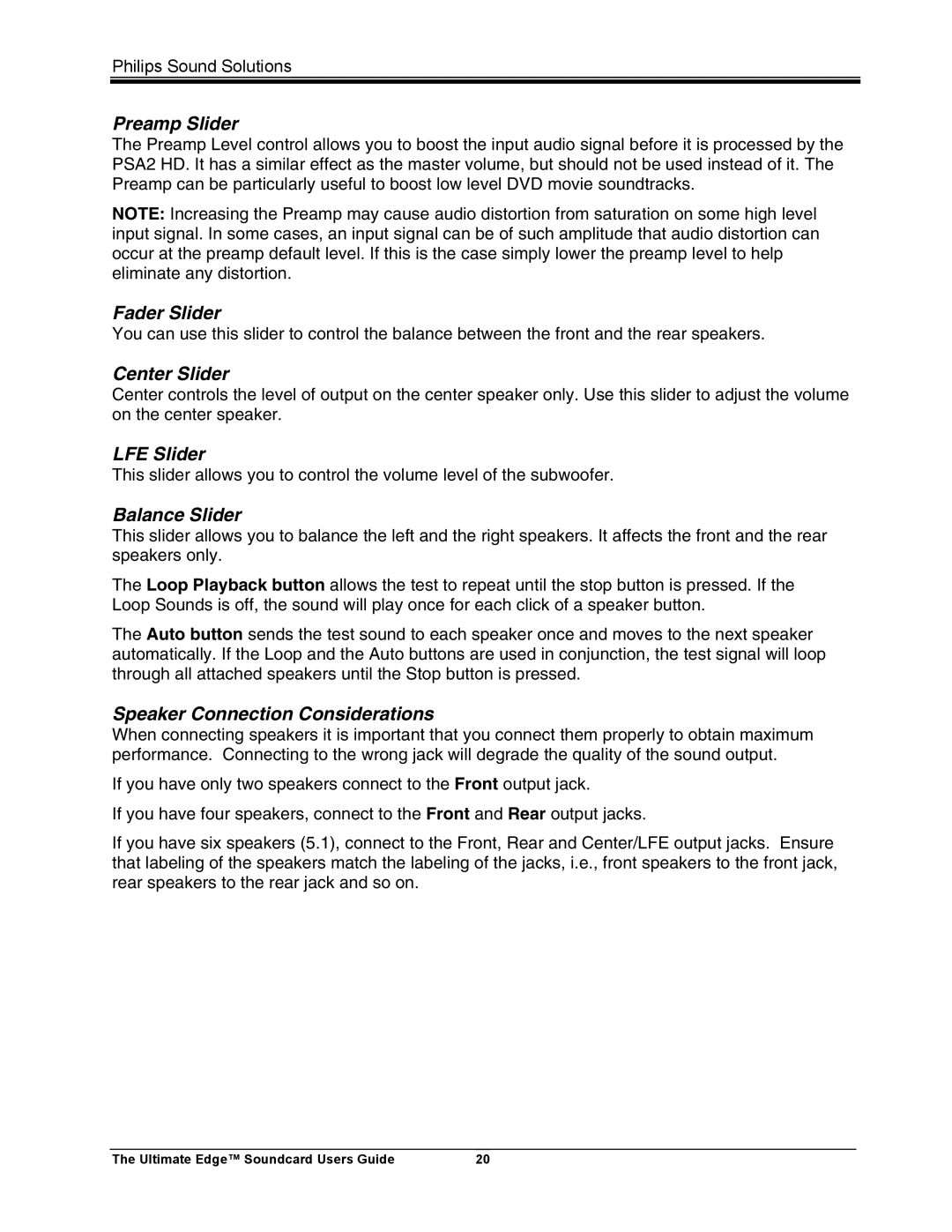 Philips 5.1 Preamp Slider, Fader Slider, Center Slider, LFE Slider, Balance Slider, Speaker Connection Considerations 