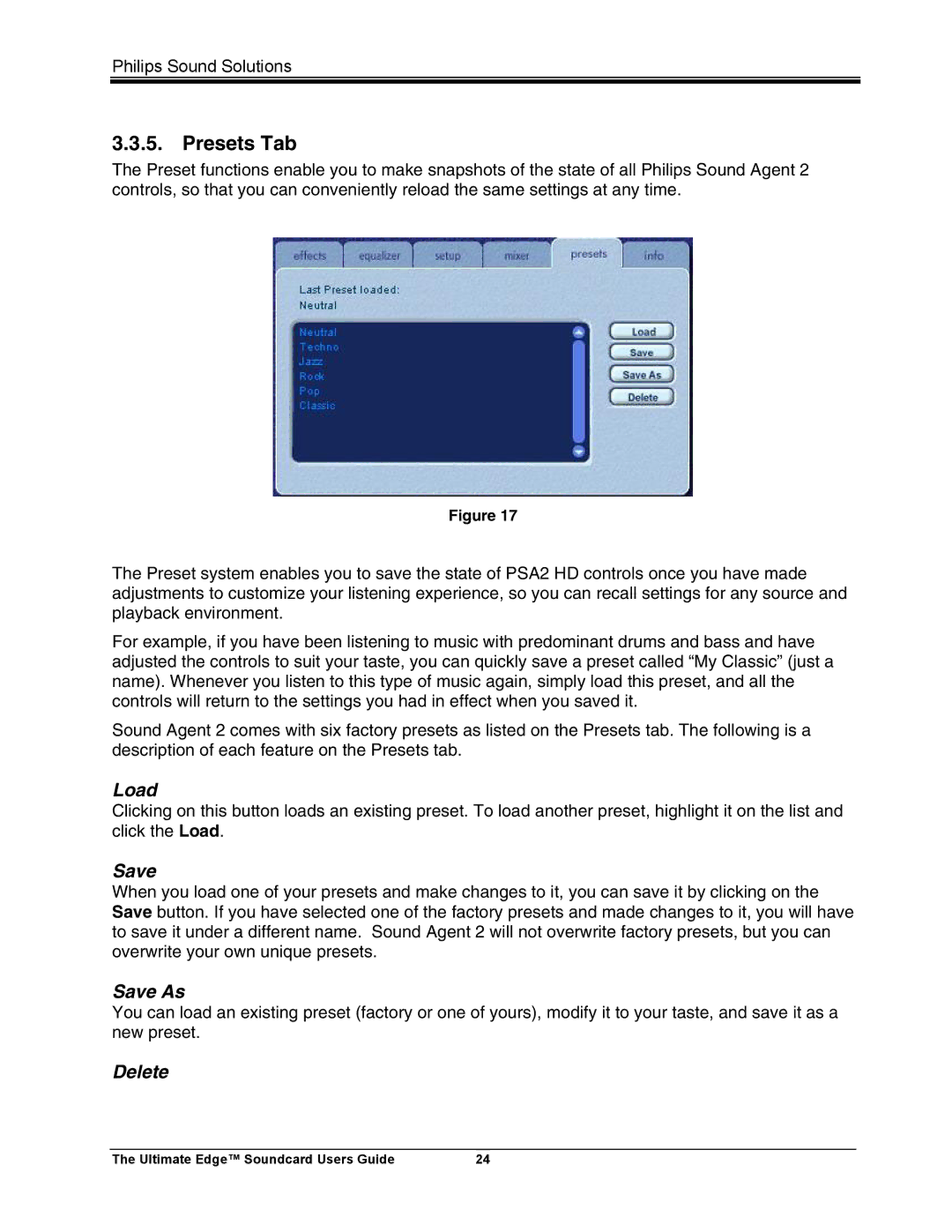 Philips 5.1 manual Presets Tab, Load, Save As, Delete 