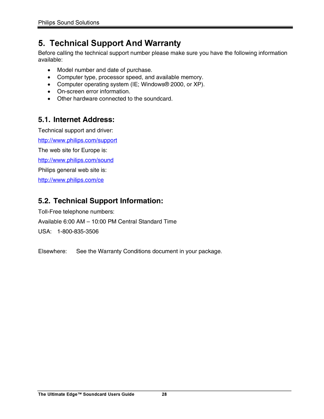 Philips 5.1 manual Technical Support And Warranty, Internet Address, Technical Support Information 