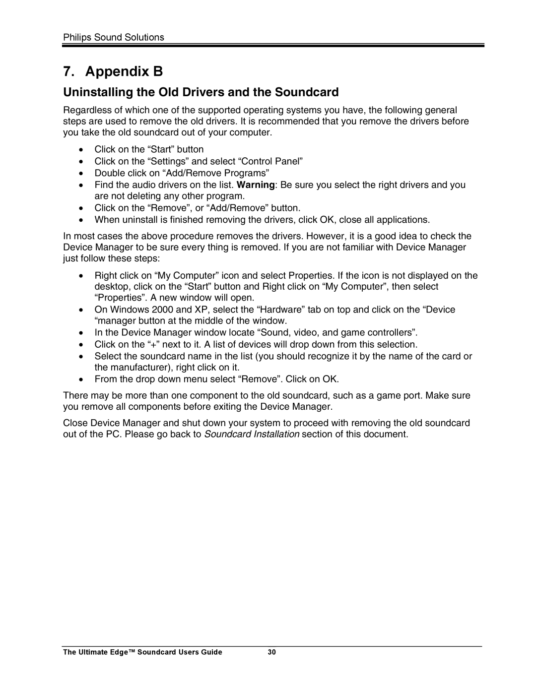 Philips 5.1 manual Appendix B, Uninstalling the Old Drivers and the Soundcard 