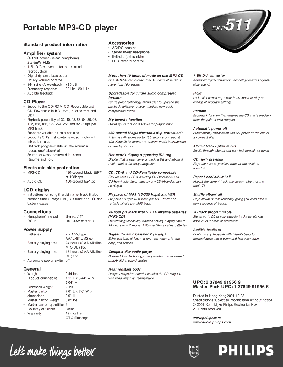 Philips 511 Standard product information Amplifier/ system, CD Player, Accessories, Electronic skip protection, General 