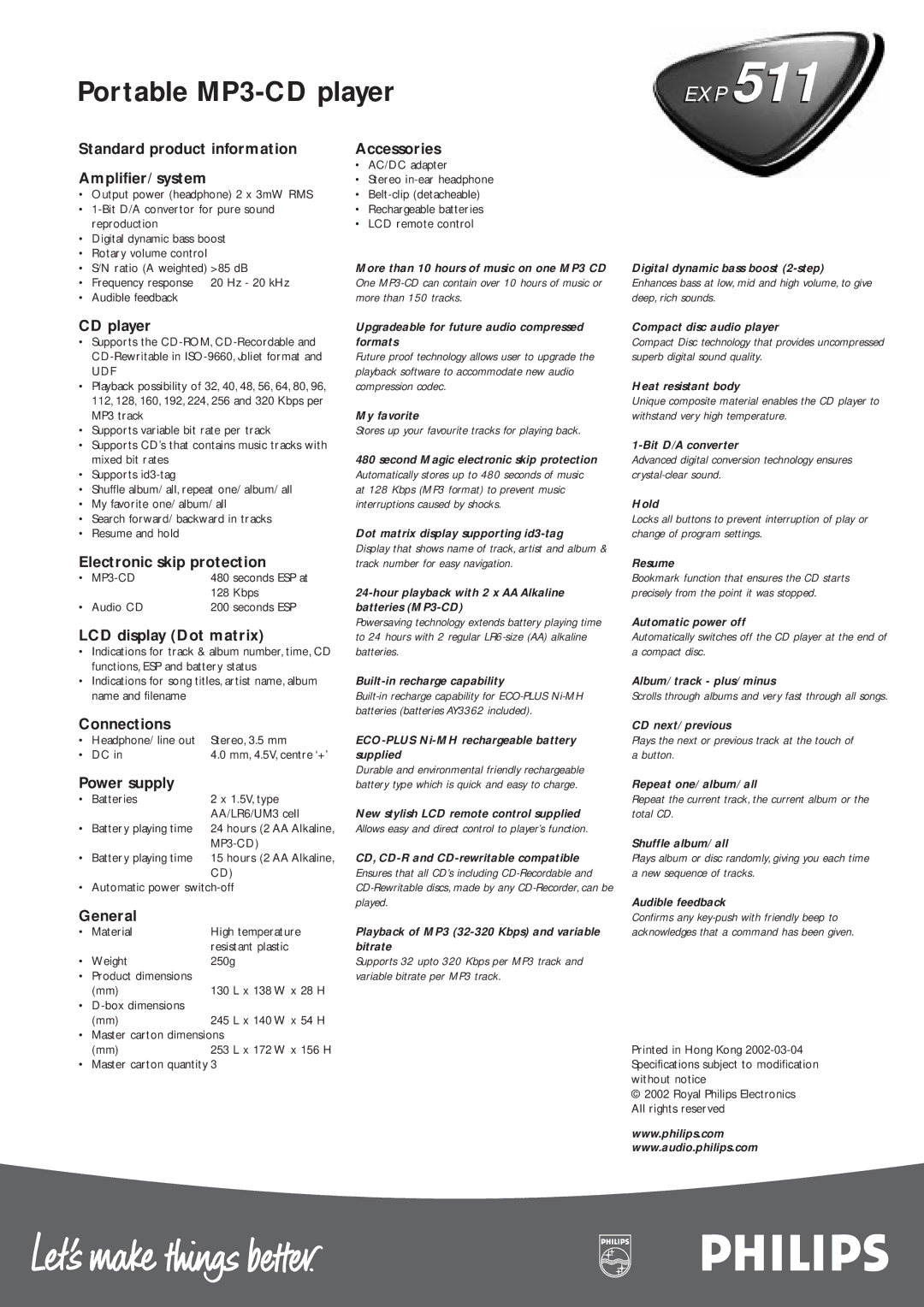 Philips 511EXP Standard product information Amplifier/ system, CD player, Electronic skip protection, Accessories, General 