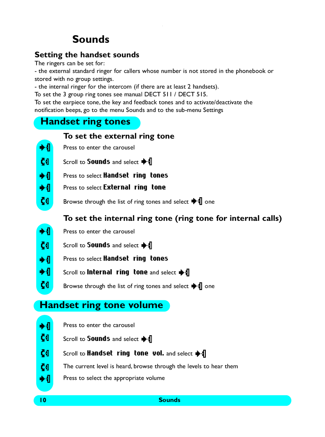 Philips 5150 user manual Sounds, Handset ring tones, Handset ring tone volume 