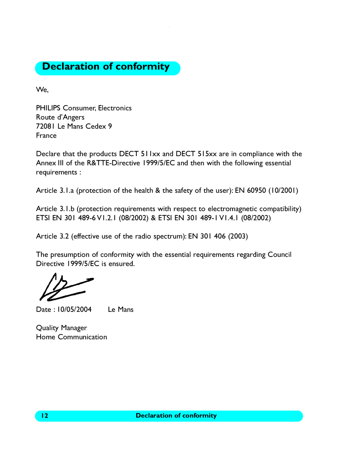 Philips 5150 user manual Declaration of conformity, Le Mans 