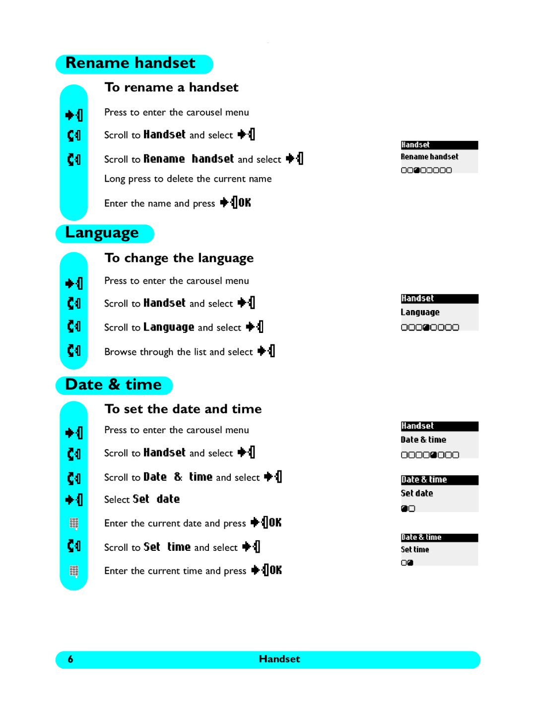 Philips 5150 user manual Rename handset, Language, Date & time 