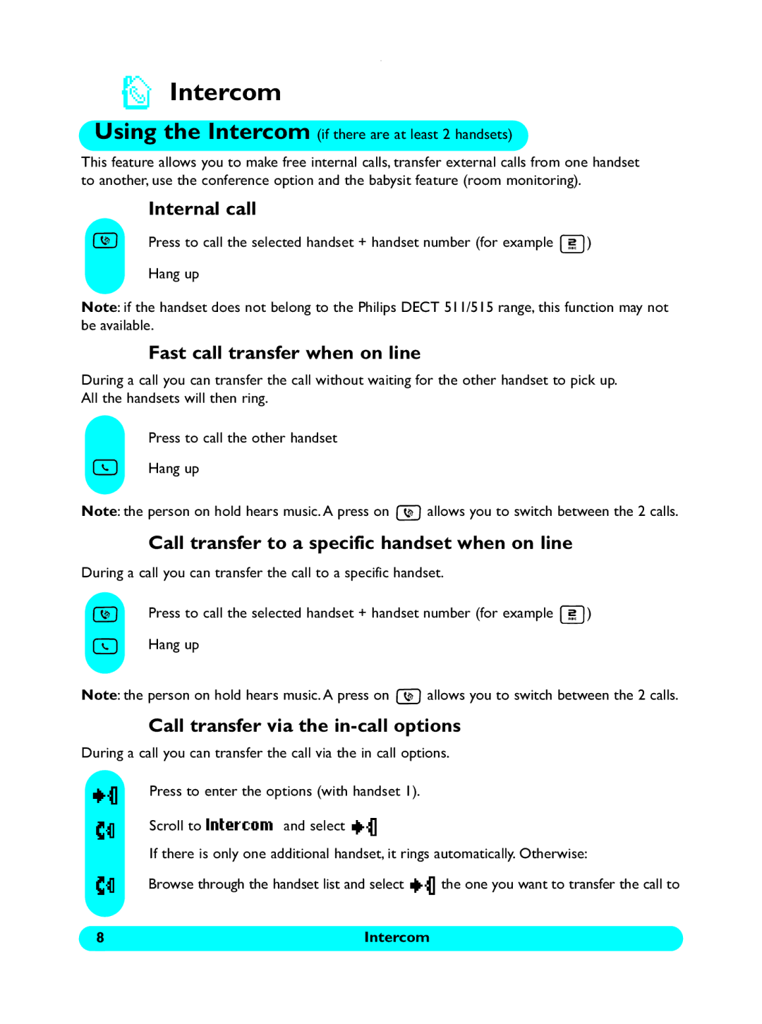 Philips 5150 Intercom, Internal call, Fast call transfer when on line, Call transfer to a specific handset when on line 