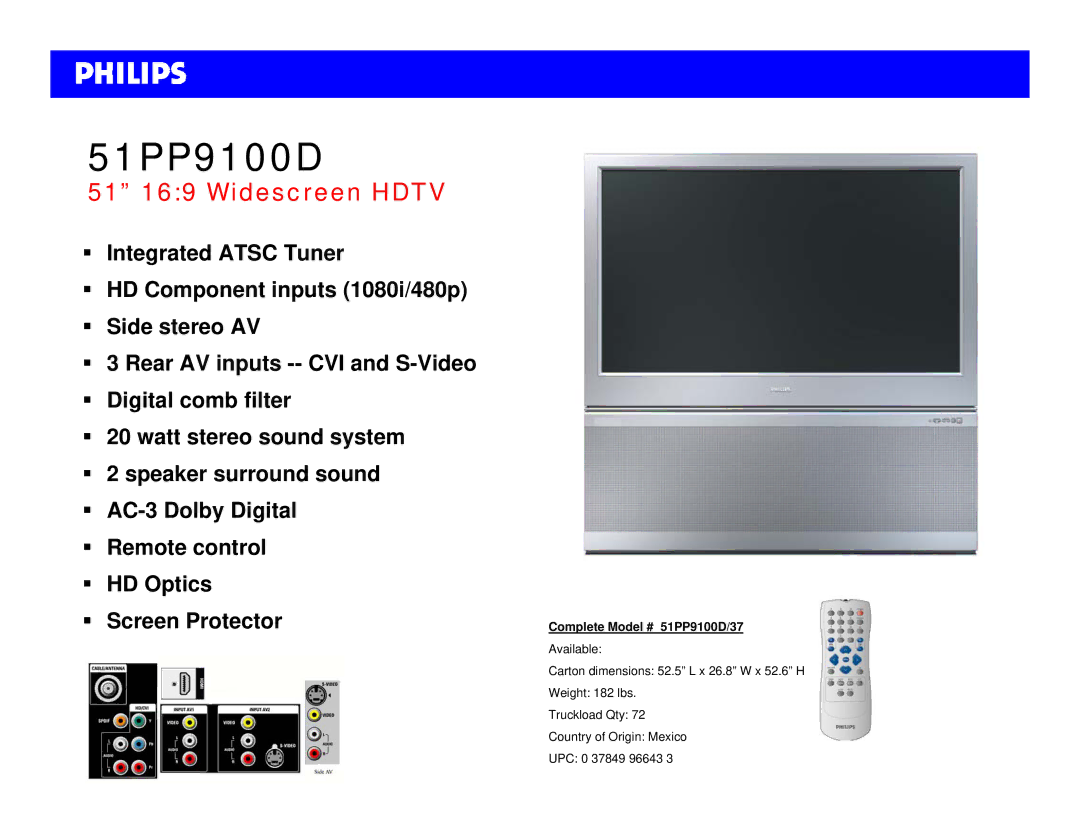 Philips dimensions 51 169 Widescreen Hdtv, Complete Model # 51PP9100D/37 