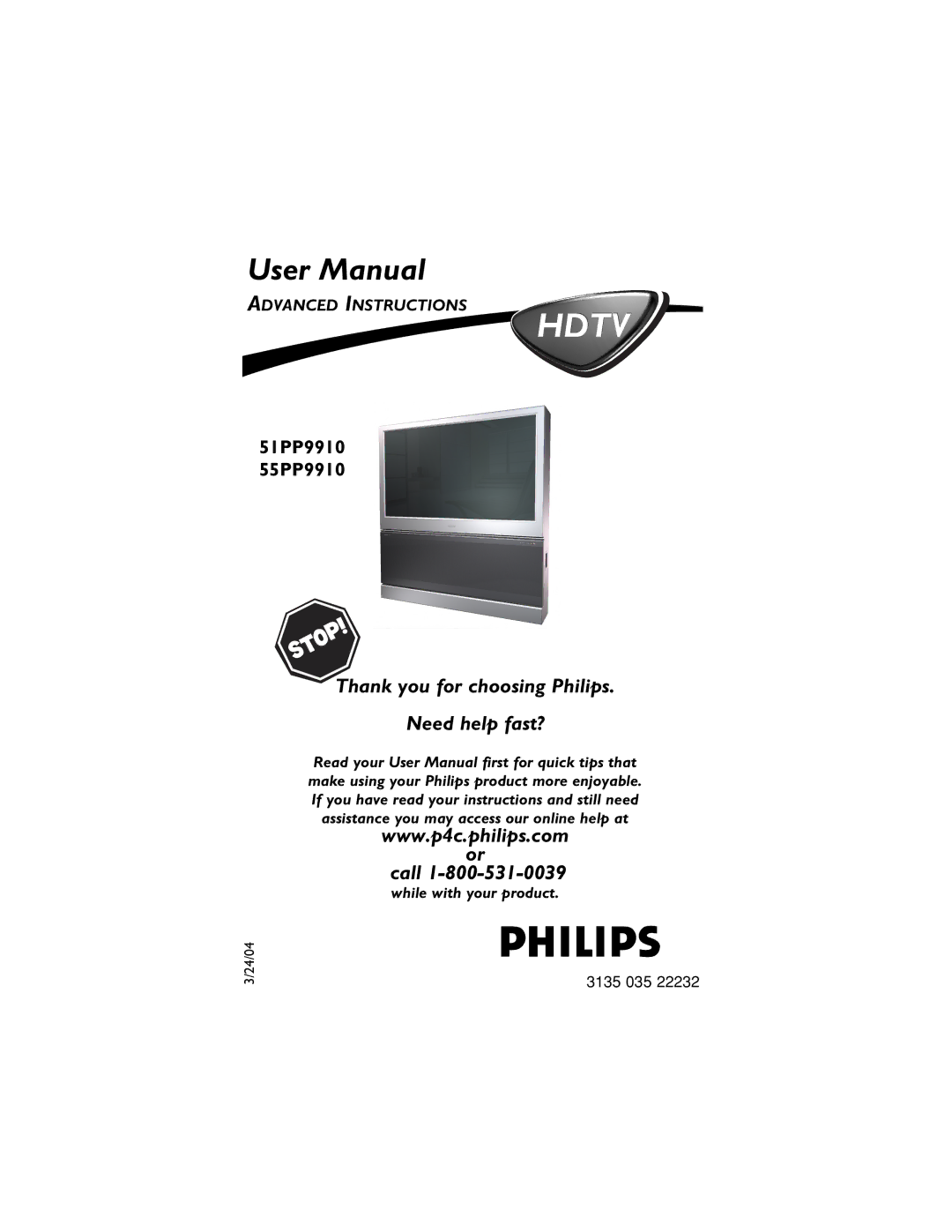 Philips 55PP9910, 51PP9910 user manual Hdtv, 24/04 