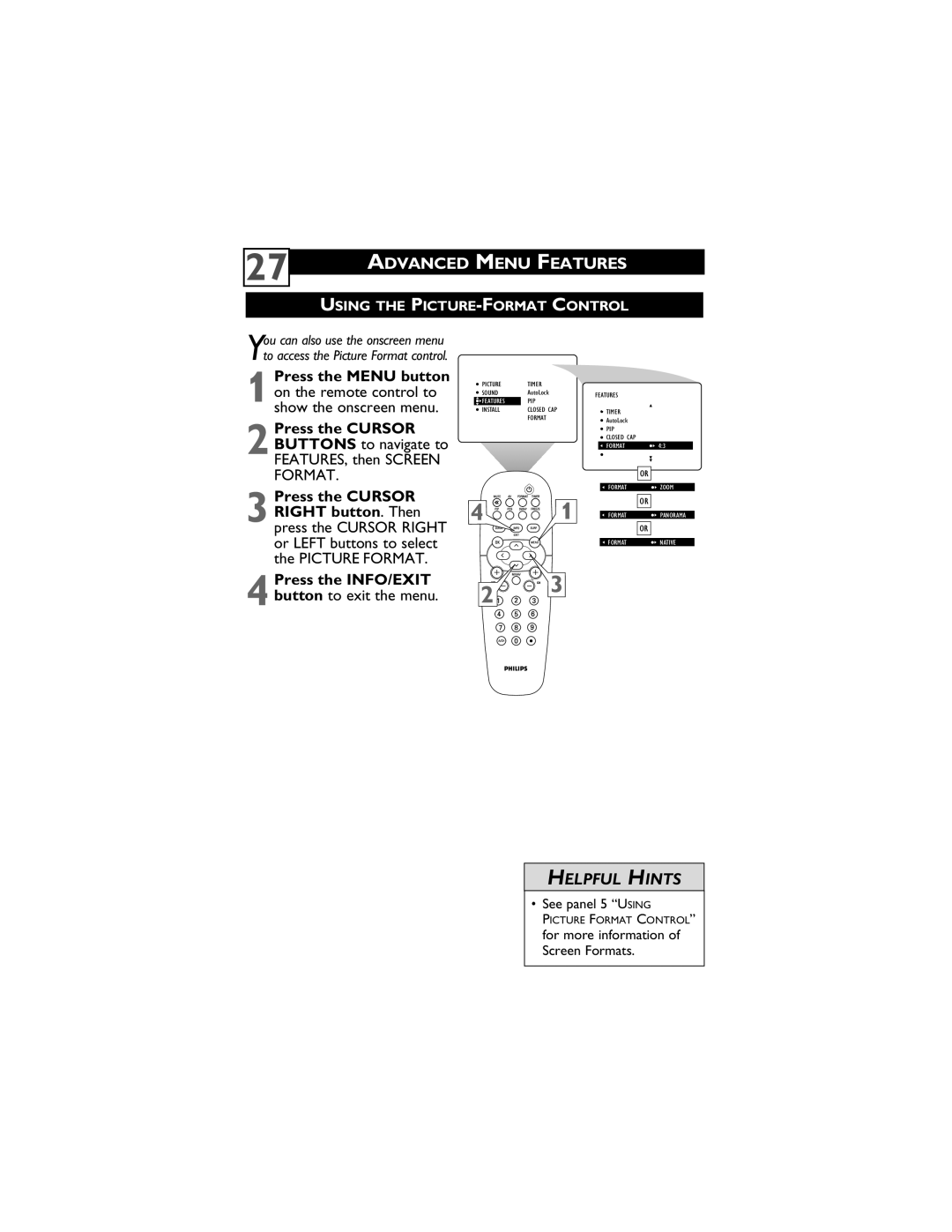 Philips 55PP9910 Using the PICTURE-FORMAT Control, On the remote control to show the onscreen menu, See panel 5 Using 