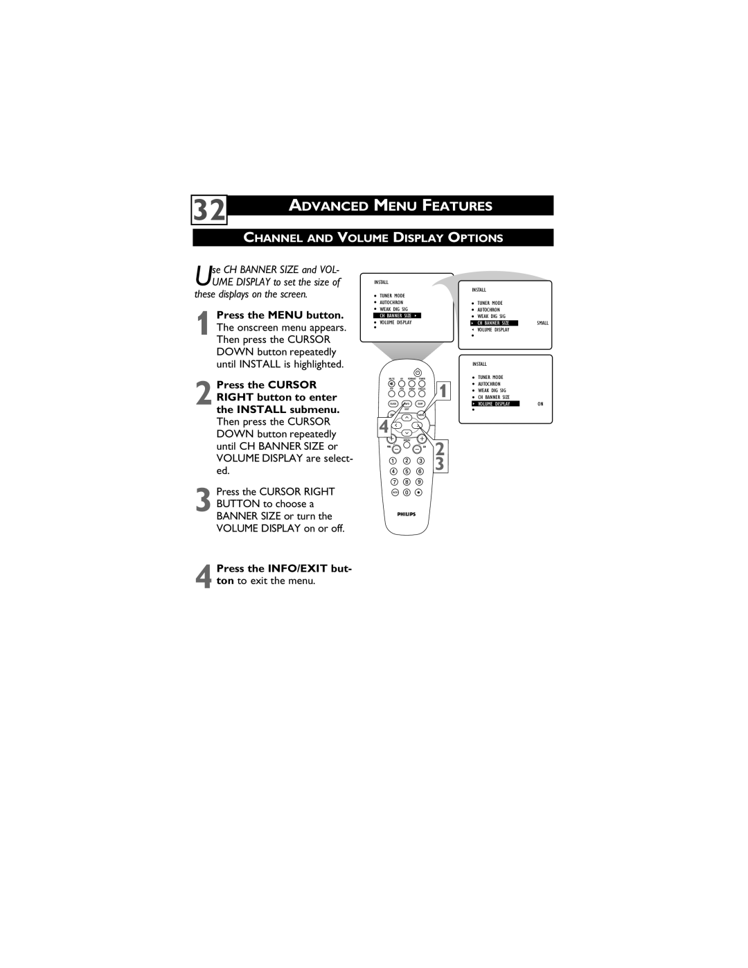 Philips 51PP9910, 55PP9910 user manual Channel and Volume Display Options, Press the Cursor Right 