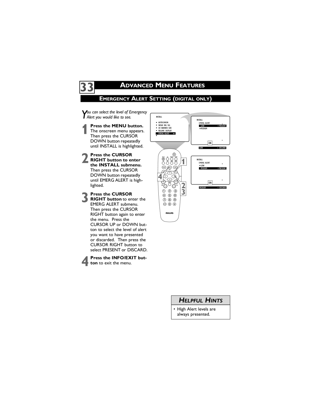 Philips 55PP9910 Emergency Alert Setting Digital only, Press the Cursor Right button to enter the Install submenu 