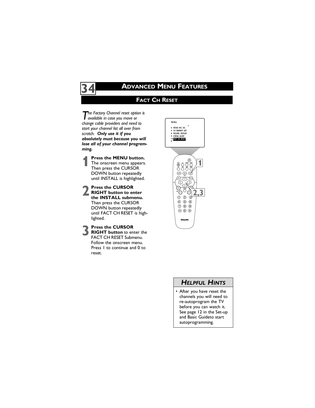 Philips 51PP9910, 55PP9910 user manual Fact CH Reset 