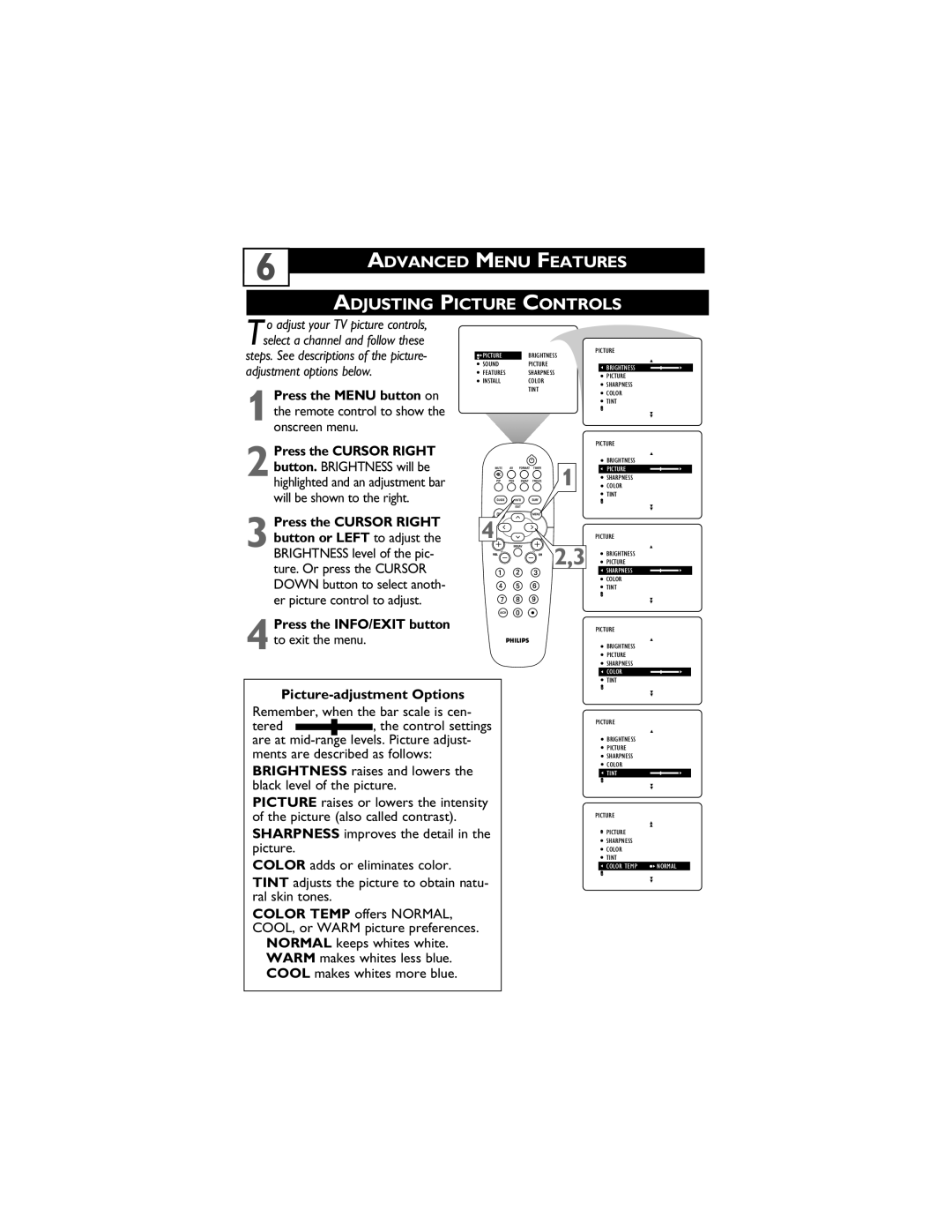 Philips 51PP9910, 55PP9910 user manual Press the Menu button on, Press the Cursor Right 3button or Left to adjust 