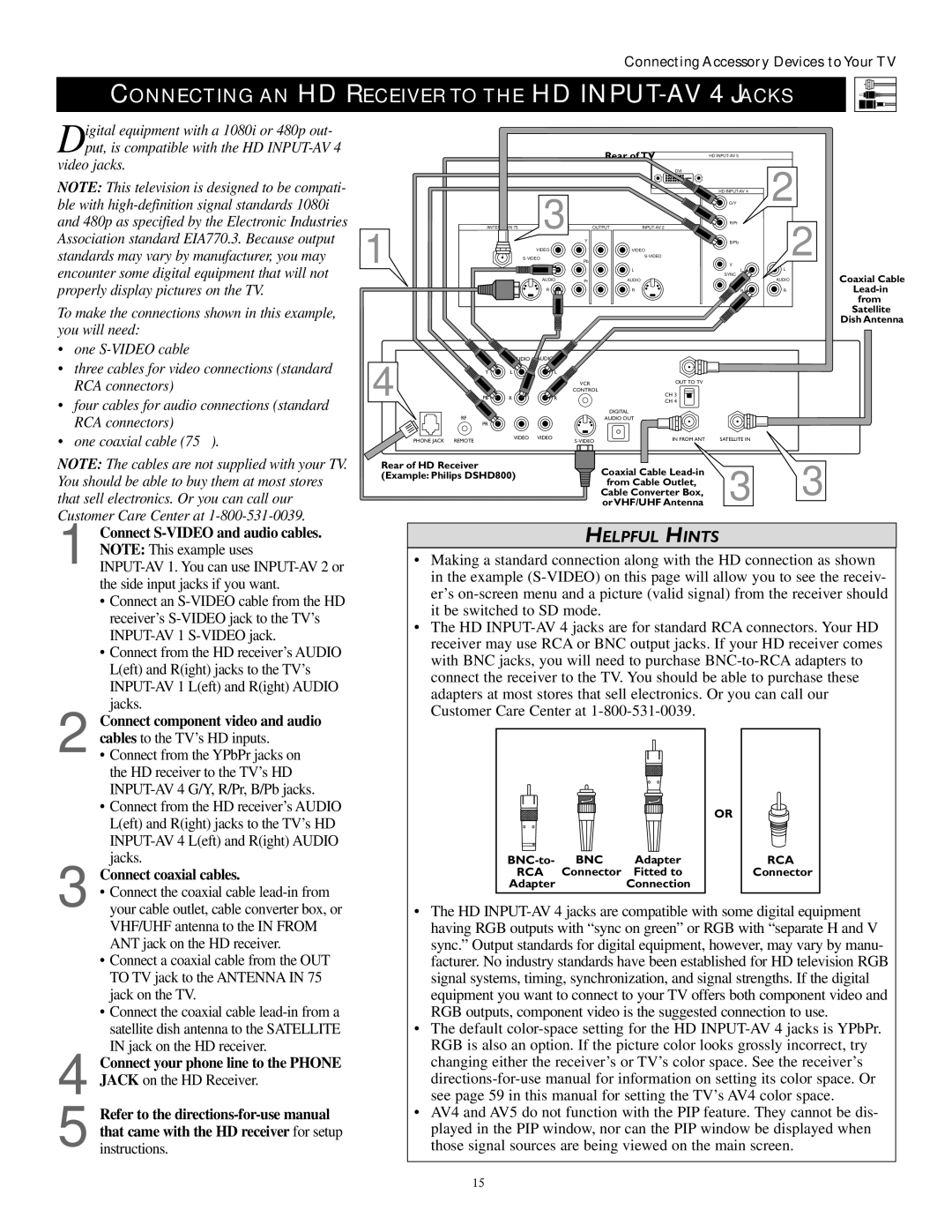 Philips 51PW9303 manual Connecting AN HD Receiver to the HD INPUT-AV 4 Jacks, Connect coaxial cables 