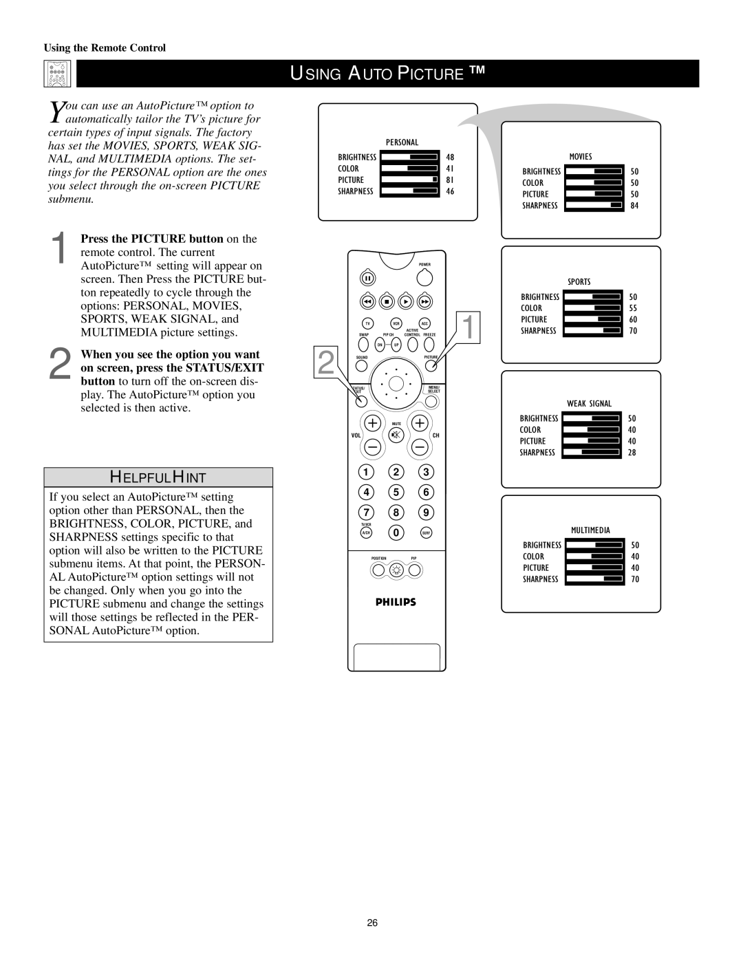 Philips 51PW9303 manual Using Autopicture, Color Picture 