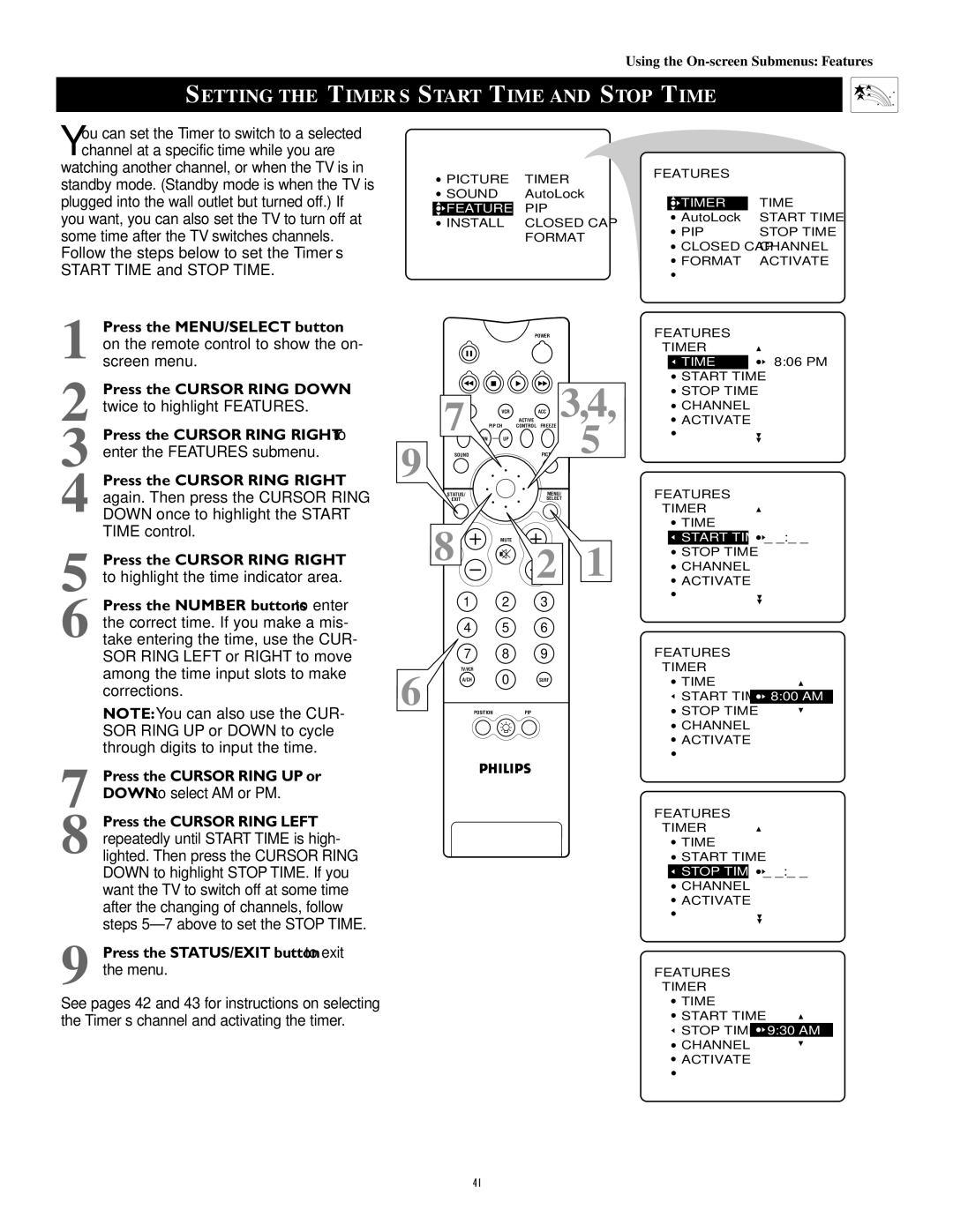 Philips 51PW9303 manual Setting the TIMER’S Start Time and Stop Time 