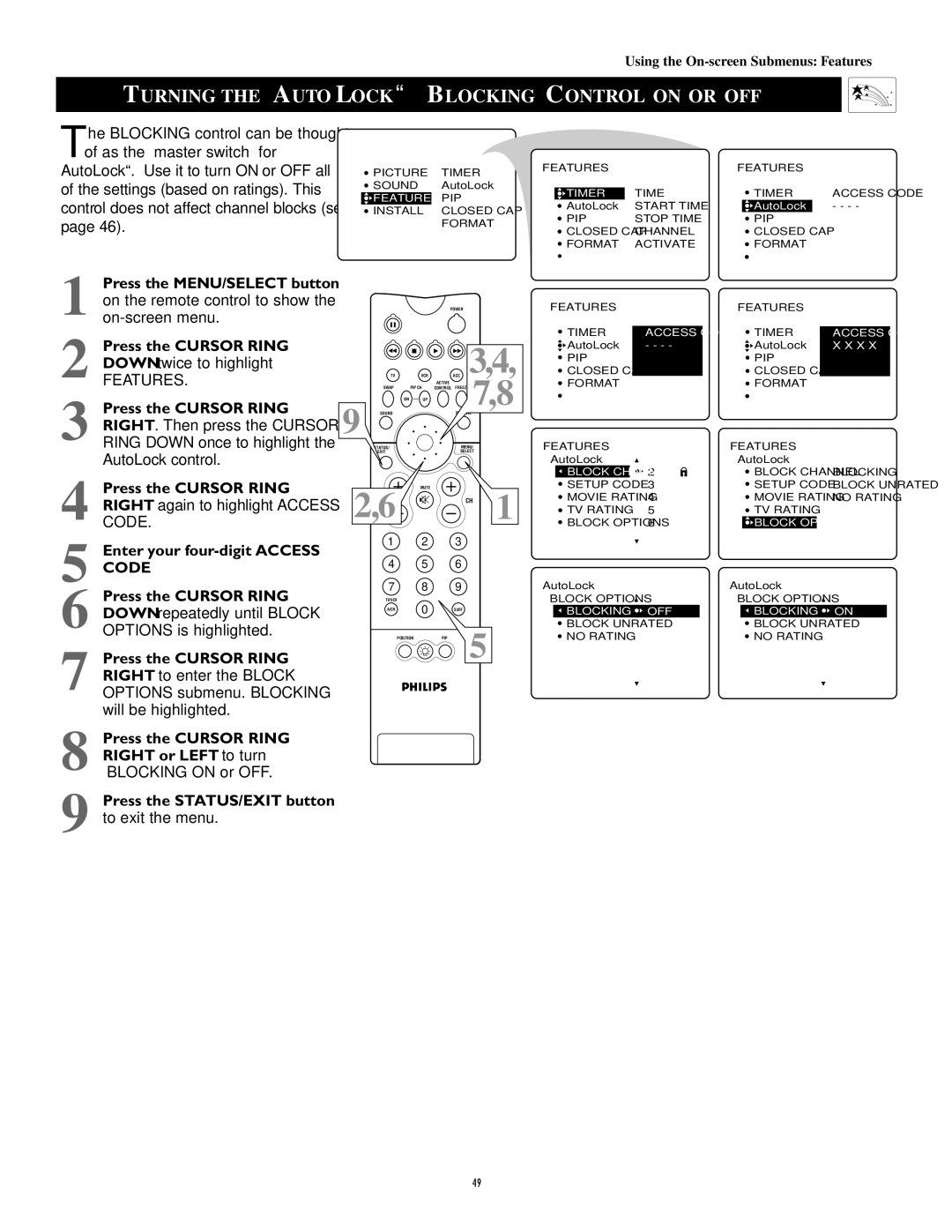 Philips 51PW9303 manual Turning the Autolock Blocking Control on or OFF 