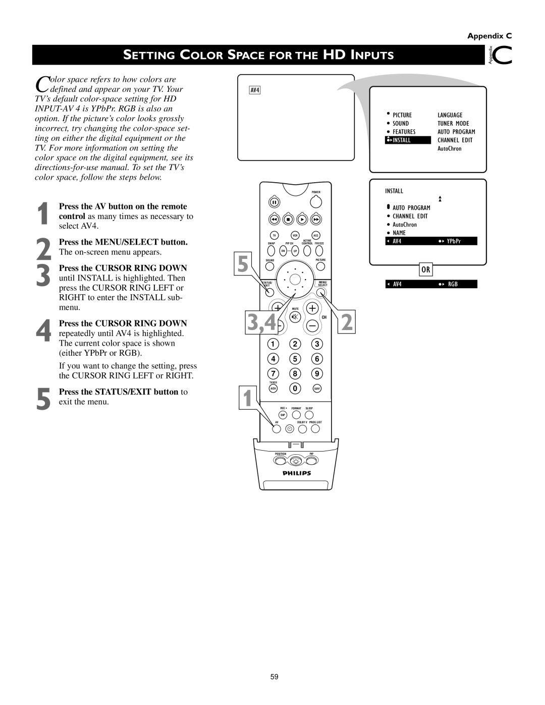 Philips 51PW9303 manual Setting Color Space for the HD Inputs, Press the STATUS/EXIT button to exit the menu 