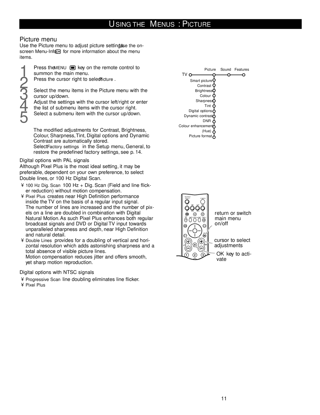 Philips 46PW9527, 51PW9527 manual Using the Menus Picture, Picture menu, Digital options with PAL signals 