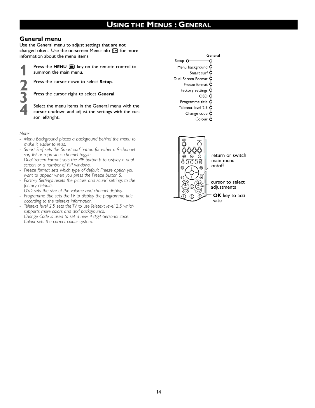 Philips 51PW9527, 46PW9527 manual General menu, Menus General 