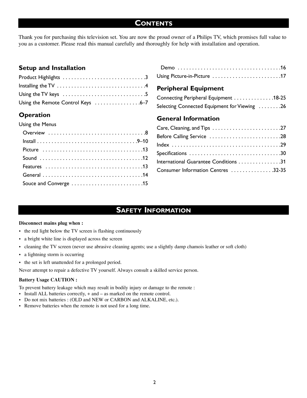 Philips 51PW9527, 46PW9527 manual Contents, Safety Information 