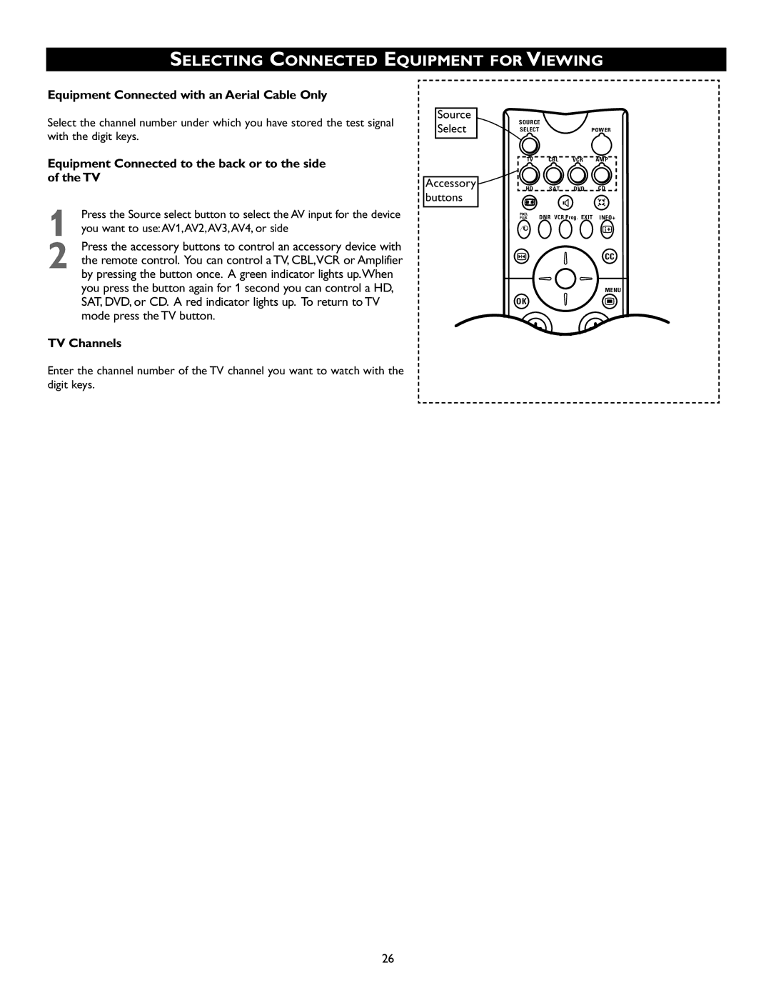 Philips 51PW9527 Selecting Connected Equipment for Viewing, Equipment Connected with an Aerial Cable Only, TV Channels 