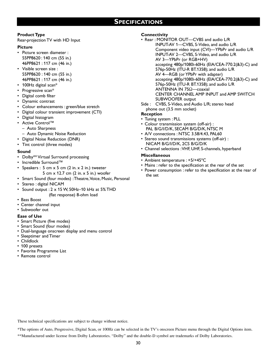 Philips 51PW9527, 46PW9527 manual Specifications 