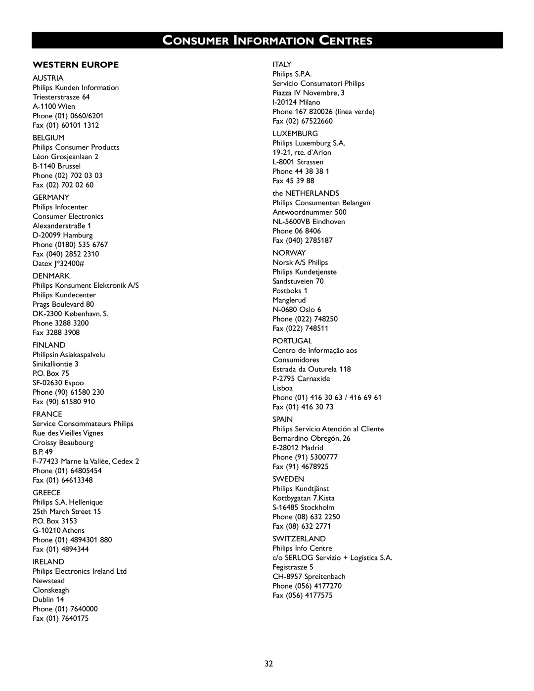 Philips 51PW9527, 46PW9527 manual Consumer Information Centres, Western Europe 