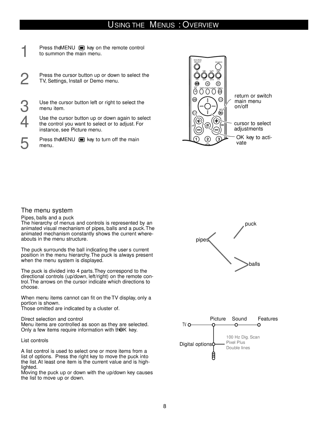 Philips 51PW9527, 46PW9527 manual Using the Menus Overview, Menu system 