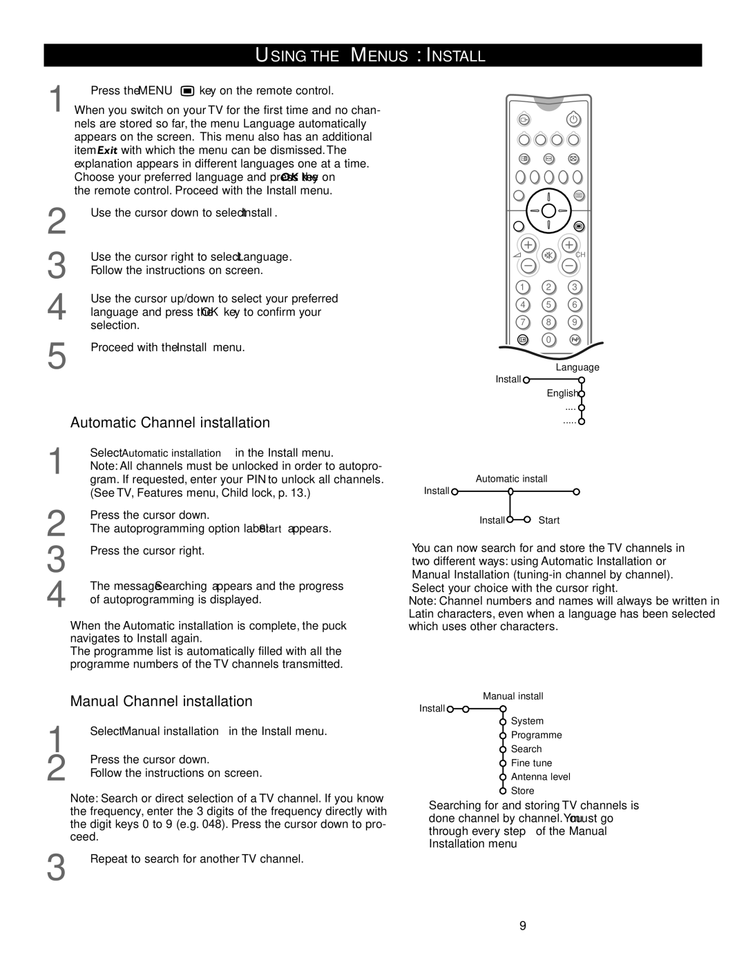 Philips 46PW9527, 51PW9527 manual Using, Automatic Channel installation, Manual Channel installation, Menus Install 